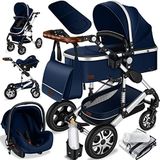 KESSER Loops 3-in-1 kinderwagen, combi-kinderwagen, complete set inclusief Babywieg & buggy sportzitje & autozitje - volledig rubberen banden - luiertas / regenbescherming / kindertafelset, blauw / zilver