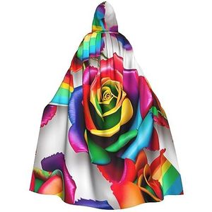 Bxzpzplj Regenboog roos bloemenprint mystieke mantel met capuchon voor mannen en vrouwen, Halloween, cosplay en carnaval, 185 cm