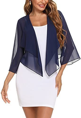 Aottori Bolero voor dames, chiffon, elegant, zomer, cardigan, korte lichte schouderjas, feestelijke jas, transparant, bedjasje met 3/4 mouwen, navyblauw, M