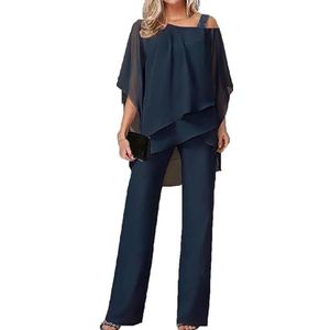 Dames Broekpak Elegant 2-delig 3/4 Vleermuismouw Onregelmatige Overhemden + Hoge Taille Broek met Wijde Pijpen Tweedelige Sets Bruiloft Feestavond Pak Effen Vrijetijdspak(Dark Blue,3XL)