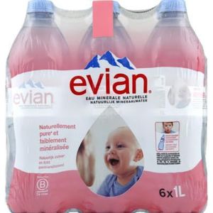 Evian Natural Spring Mineral Bottled Water - Set van 6 flessen - 1L per fles - Recyclebare container - Natuurlijk hydraterend en verfrissend - Geen extra smaak