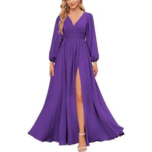 KURFACE Bruidsmeisjesjurken met lange mouwen en split geplooide chiffon formele jurk met mouwen formele jurk, Paars, 32