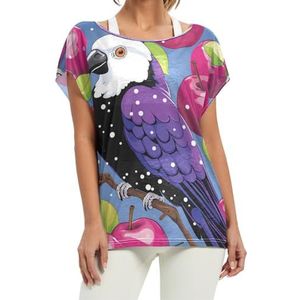 Paars artwork papegaai korte vleermuismouwen shirt ronde hals T-shirts losse tops voor meisjes, Patroon, XL