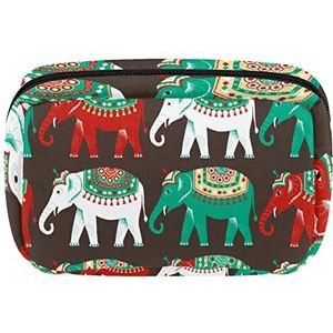 Cosmetische Tassen Voor Vrouwen Kleine Make-up Tas Reizen Toilettas Pouch Organizer Rits Etnische Indiase Olifanten Groen Wit Rood, Meerkleurig, 17.5x7x10.5cm/6.9x4.1x2.8in