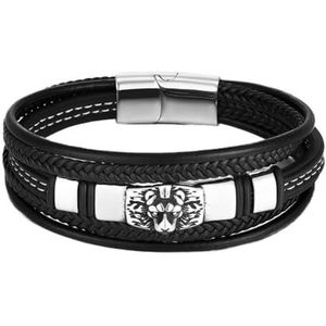 Leeuwenkop Lederen Armbanden Voor Mannen - Viking Meerlaagse Lederen Koorden Gevlochten Leeuwenmanchet Bangle - Noorse Vintage RVS Leeuwenkop Polsband Amulet Sieraden (Color : Black_19CM)