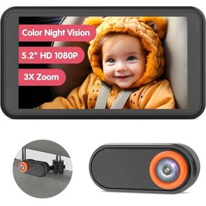 Luckview Autocamera voor baby, 13,2 cm (5,2 inch), 1080p babycamera met 3x zoom, 360 ° draaibare verstelbare autobabycamera met bedraad, kristalhelder zicht voor achterbank naar achteren (BM2)