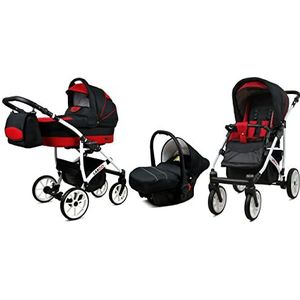 BabyLux Largo 3 in 1 Baby Reis Systeem Kinderwagen Autostoel Afneembare Regenhoes Voetenzak Dragende Wielen Pasgeborene tot Baby Black Red White Frame