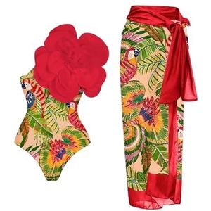 Dames Retro Romperbadpak met Cover-up Rokken, 3D Grote Bloemdecoratie, Sexy Badpak met Één Schouder en Ruches(Color:Red,Size:M)