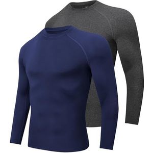 Djtnzdm Thermoshirt voor heren, lange mouwen, thermo-onderhemd, winter, sport, compressie, lange mouwen, fleece, loopshirt, basic thermo-T-shirt, lang, heren, verpakking van 2 stuks, Navy grijs, M