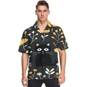 KAAVIYO Zwarte Kat Geel Bloem Shirts Voor Mannen Korte Mouw Button Down Hawaiiaanse Shirt voor Zomer Strand, Patroon, 3XL