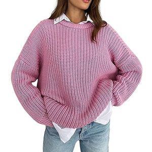 Sawmew Dames casual trui met ronde hals, grof gebreide trui met lange mouwen, zachte, comfortabele oversized truien (Color : Pink, Size : L)