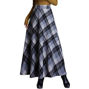 Byqny WanYangg Elastische Maxi-jurk voor dames, voor herfst en winter, geruite maxi-jurk, lange enkelrokken, paraplurok, uitlopend, vintage, tartan rok, vloeiend, warm, wollen wollen rokken, A-lijn,