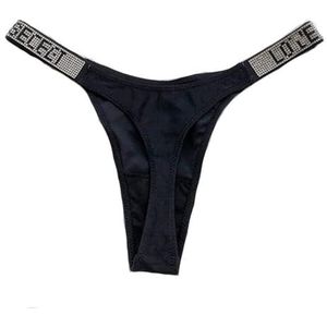 1 Stks Sexy Dames String Slipje Kristal Strass Brief Ondergoed Fitness Gym String Mode Laagbouw Heuplift String Meisje Push Up Lingerie, Zwart, M