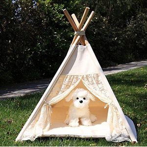 Lily&her friends -Pet Teepee Bed, 100% Katoen Tent voor Hond (Puppy) & Katten, Wasbare Honden & Katten Speelgoed Wigwam, Draagbare Hondententen, Huisdieren van Indisch Ontwerp met Katoen Canvas Kussen (Beige, Kant, Large)