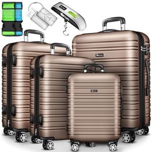 tillvex® Reiskofferset 4-delig met bagageweegschaal, kofferriemen en kofferlabels, hardshell kofferset 4 wielen, trolley, bagagekoffer met TSA-slot, rolkoffer, hardshell kofferset S-M-L-XL, Roségoud