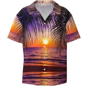 Zonsondergang oceaan met tropische palmbomen schemering landschap print heren korte mouw jurk shirts met zak casual button down shirts business shirt, Zwart, 3XL