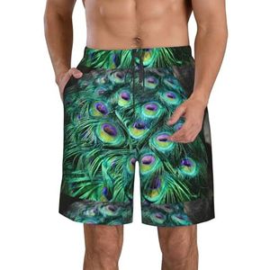 PHTZEZFC Pauw groene veren print heren strandshorts - zomervakantie strandshorts casual lichtgewicht trekkoord, Wit, XL