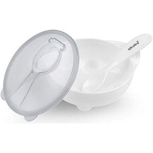 AKUKU Babyschaal met deksel en lepel, wit, bewaardoos lekvrij voor babyvoeding, babyvoeding, aanvullende voeding, babyvoeding, babybord, kom, kinderbord (wit)