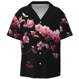 OdDdot Japanse kersenbloemen print herenoverhemden atletisch slim fit korte mouw casual zakelijk overhemd met knopen, Zwart, 4XL