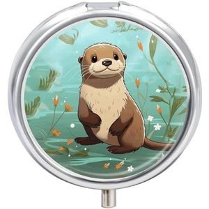 Cartoon Leuke Otter Pillendoos Reizen Pil Case voor Portemonnee Pocket Wekelijkse Geneeskunde Organizer met Spiegel 3 Compartiment Ronde Geneeskunde Case Draagbare Pillenhouder voor Dagelijks