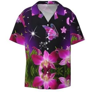 TyEdee Roze bloemen- en vlinderprint herenoverhemden met korte mouwen en zak, casual overhemd met knopen, zakelijk overhemd, Zwart, XL