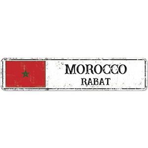 Marokko vlag straatnaamborden aangepaste hoofdstad van Marokko metalen bord stad souvenir metalen bord land souvenir vintage rustieke muurkunst cadeau voor buitenlandse vriend, buurman 18x4 inch