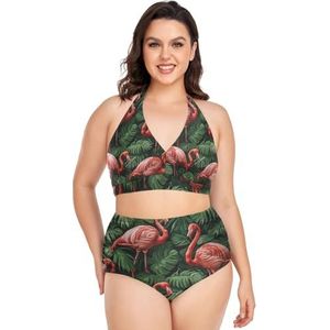 Roze Flamingo Vogel Palm Vrouwen Bikini Sets Plus Size Badpak Twee Stukken Hoge Taille Strandkleding Meisjes Badpakken, Pop Mode, XXL