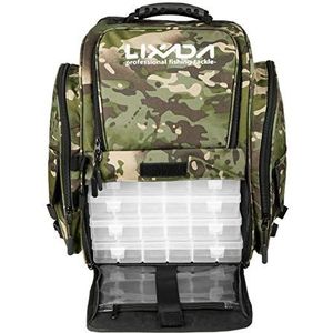 DangLeKJ Visuitrusting, rugzak met 4 trays, grote tas voor uitrusting met regenbescherming, outdoor, schoudertas, tas voor visuitrusting, resistent, Camouflage