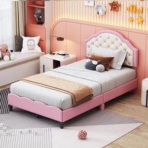 Aunvla Kinderbed, gestoffeerd bed, 90 x 200 cm, met lattenbodem met rugleuning, PU-leer, meisjesbed, roze (matras niet inbegrepen)