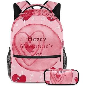 Gelukkige Valentijnsdag rugzak met etui, 2 stuks Kid Schooltas Set voor Jongens Meisjes Tieners, Travel Book Bag voor Studenten, Meerkleurig, B：29.4x20x40cm P：19x7.5x3.8cm, Rugzakken