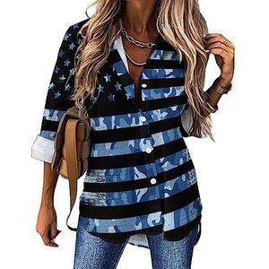 American Navy Camo Vlag Dames Button Down Shirts Lange Mouw Jurk Shirt V-hals Blouses Tops