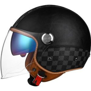 Motorfiets 3/4 Helm Mannen Vrouwen Retro Open Gezicht Half Helm Leer Vintage Klassieke Volwassene Jet Helm voor Scooter Cruiser Bromfiets DOT/ECE Goedgekeurd F,L=60-62cm
