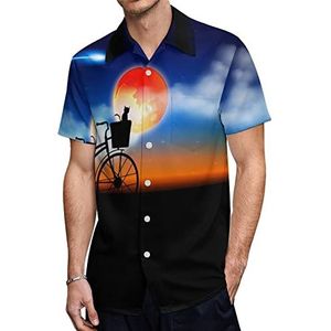 Landschap Mooie Lucht met Kat op een Fiets Heren Hawaiiaanse Shirts Korte Mouw Casual Shirt Button Down Vakantie Strand Shirts 4XL