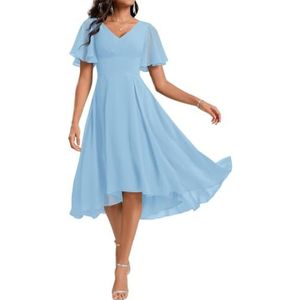 Bruidsmeisjesjurken voor dames, knielengte, chiffon, A-lijn, avondjurken voor bruiloftsgasten, lichtblauw, UK14