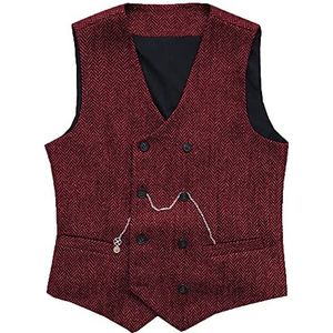 Heren Visgraat Vest met dubbele rij knopen Wollen Business Tweed gilet kleedt slank af(3X-Large, Bourgondië)