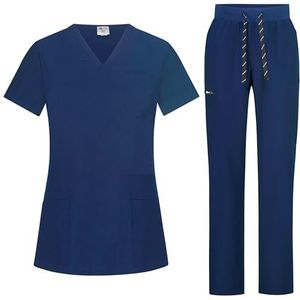 B-well Bella Scrubset voor dames, jas en broek, set, geneeskunde, arts, uniform, beroepskleding, dikke stof, donkerblauw, 3XL