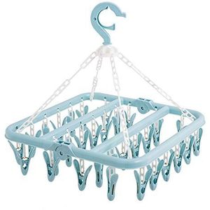 Opvouwbare kledingdrooghanger kledingdroogrek met 32 ​​clips Kunststof washanger met clips, wasclip voor het drogen van babykleding, ondergoed, sokken(Blauw)