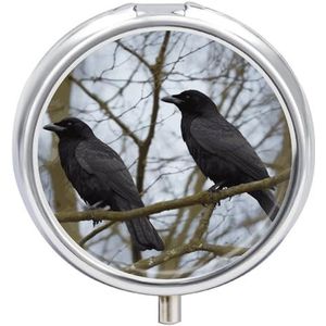 Black Crow Birds Pil Organizer Reizen Pillendoos 3 Compartimenten Dagelijks Ronde Medicijncontainer met Spiegel Wekelijkse Draagbare Pillendispenser Gevallen voor Portemonnee Pocket