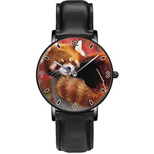 Grappige Leuke Rode Panda Klassieke Patroon Horloges Persoonlijkheid Business Casual Horloges Mannen Vrouwen Quartz Analoge Horloges, Zwart