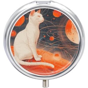 Ronde metalen pillendoos, katten en planeten bedrukte reispillenorganisator, draagbare pillencontainer, kleine pillendoos voor portemonnee en zak voor het bewaren van vitamines, medicijnen en