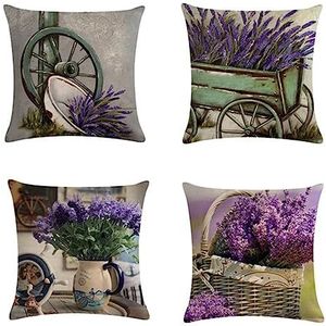 Set van 4 geometrische lavendel kussenhoezen 45,7 x 45,7 cm dubbelzijdige kussenslopen voor buiten, vierkante linnen decoratieve kussensloop met onzichtbare rits voor bank, slaapkamer, bank, auto,