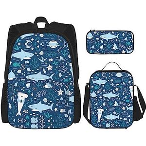 SUHNGE Mooie paarse glitter print lichtgewicht rugzak set van 3 stuks (etui schooltas lunch tas combinatie), Schattige blauwe vis, Eén maat