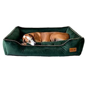 Halkalife Velours hondenbank. Hondenbed met verhoogde randen, huisdierbank met afneembare wasbare hoes, zachte hondenmand (L (74,9 x 104,9 x 17,8 cm), flessengroen)
