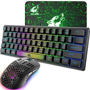 K61 UK Layout RGB 60% Gaming Toetsenbord Muis Set Bedraad 62 Toetsen Mini Draagbaar Toetsenbord 7 RGB LED Backlit 19 toetsen Anti-ghosting + 2400 DPI Ultralight Gaming Muis Ergonomische Honingraat