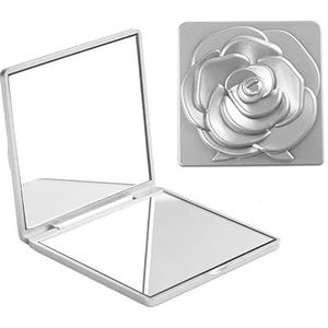 Disnace Draagbare compacte make-upspiegel, opvouwbare dubbelzijdige spiegel met rozenreliëfsculptuur (zilver) voor portemonnee en reizen