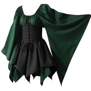 Lemoiitea Gothic punk mini-jurk dames middeleeuwse retro patchwork jurk lange mouwen bandage kostuum kleurblok onregelmatige jurk lente zomer baljurken Halloween cosplay jurk, Groen, M