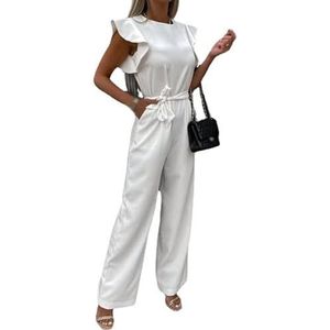 OHERUWKLS Dames Zomer Casual Effen Kleur Ronde Hals Ruffle Cap Mouw Brede Been Stropdas Jumpsuit,Wit,L