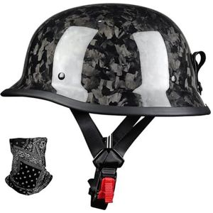 Duitse leren motorfietshelmen, retro halfschaalhelm, jethelm met vizier, snelsluiting voor cruiser, chopper, biker, bromfiets, DOT/ECE F,3XL=64-65cm