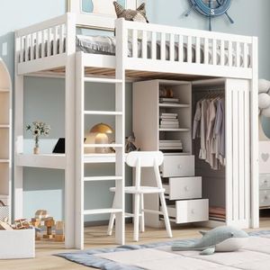 Crlnaup Hoogslaper, 90 x 200 cm, bureau, kledingkast, 3 laden, open opbergruimte, leuning, trap, zonder matras, wit