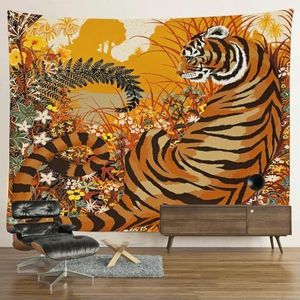 SEIBES Hippie psychedelische tijger wandtapijt muur opknoping boho kamer decor esthetische mysterieuze bloem jungle maan landschap bos tapijt, XXL-230 cm x 180 cm